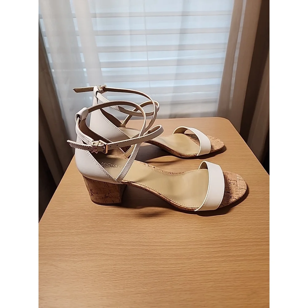 Michael Kors Women  Leather Ankle Strap Cork Block Heels 10 M - WHITE